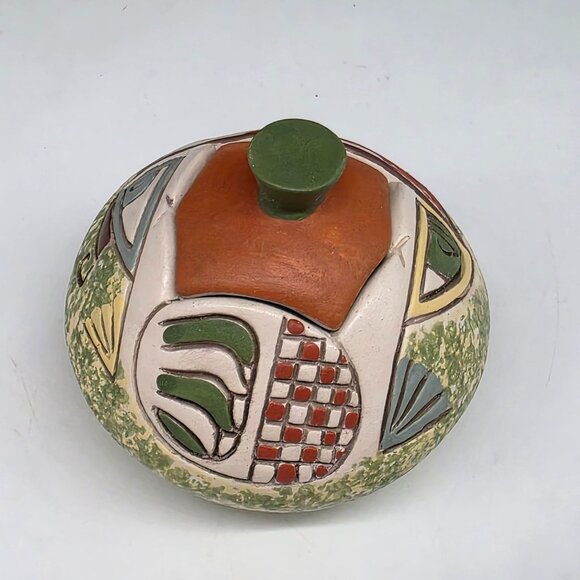 Handmade Ceramic Lidded Jar Abstract Multicolor Patterns & Textures Carved Desig - Picture 2 of 8